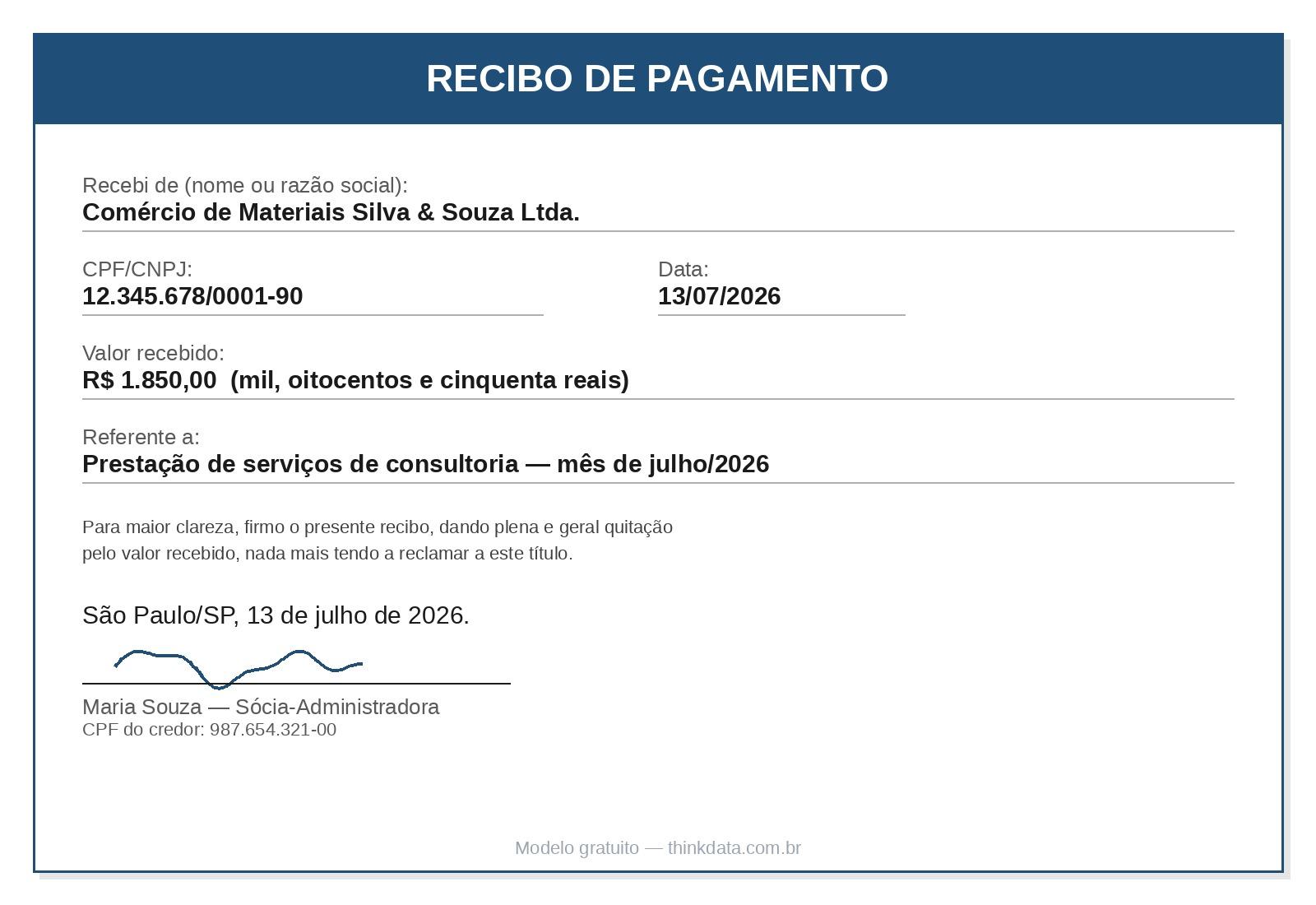 modelo de recibo de pagamento preenchido