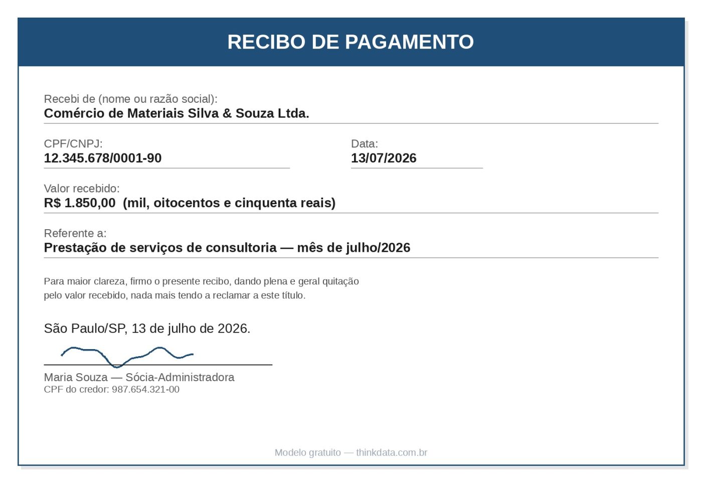 modelo de recibo de pagamento preenchido