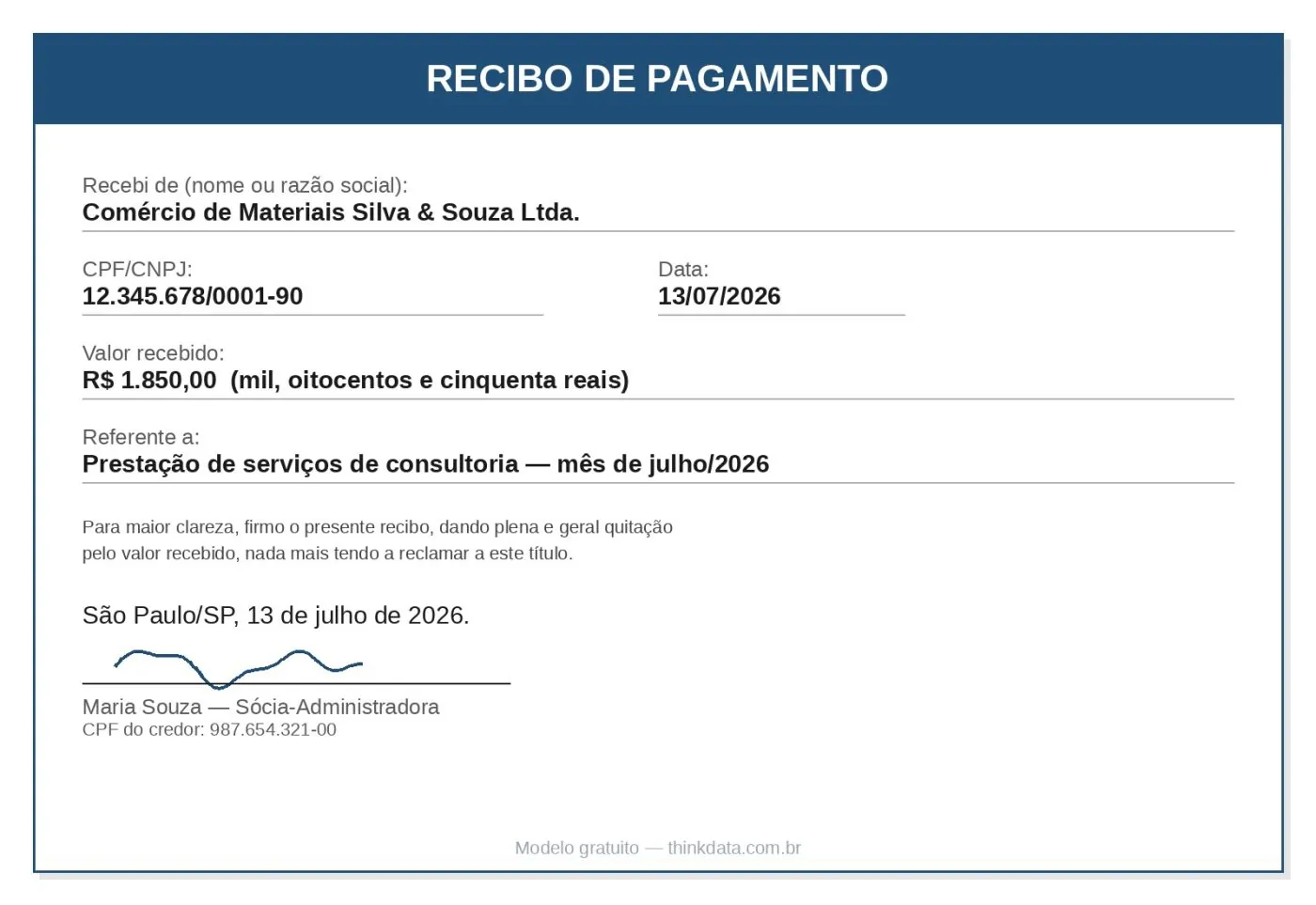 modelo de recibo de pagamento preenchido